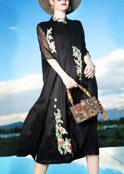 Novelty Black Stand Collar Embroideried Button Silk Maxi Dress Summer
