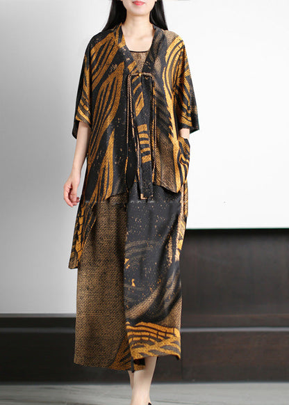 Novelty Blackish Green V Neck Print Silk Top and Wide Leg Pants Two Pieces Set Half Sleeve