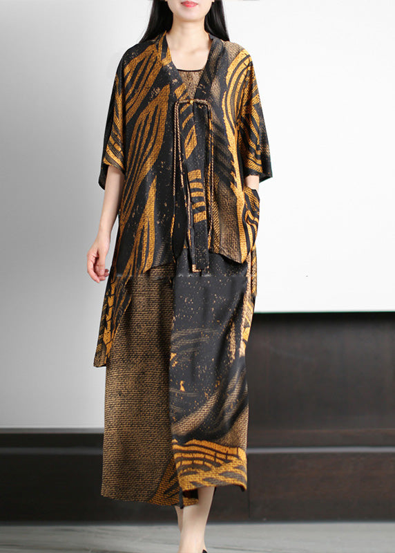 Novelty Blackish Green V Neck Print Silk Top and Wide Leg Pants Two Pieces Set Half Sleeve