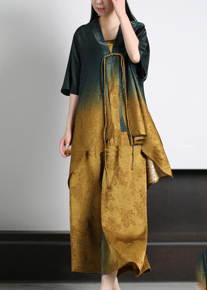 Novelty Blackish Green V Neck Print Silk Top and Wide Leg Pants Two Pieces Set Half Sleeve