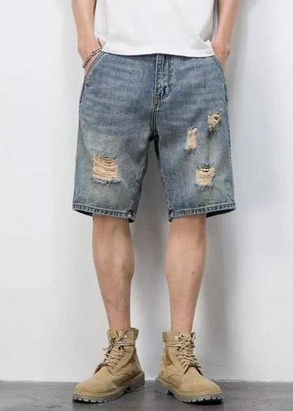 Novelty Blue Hole Pockets High Waist Denim Shorts Summer