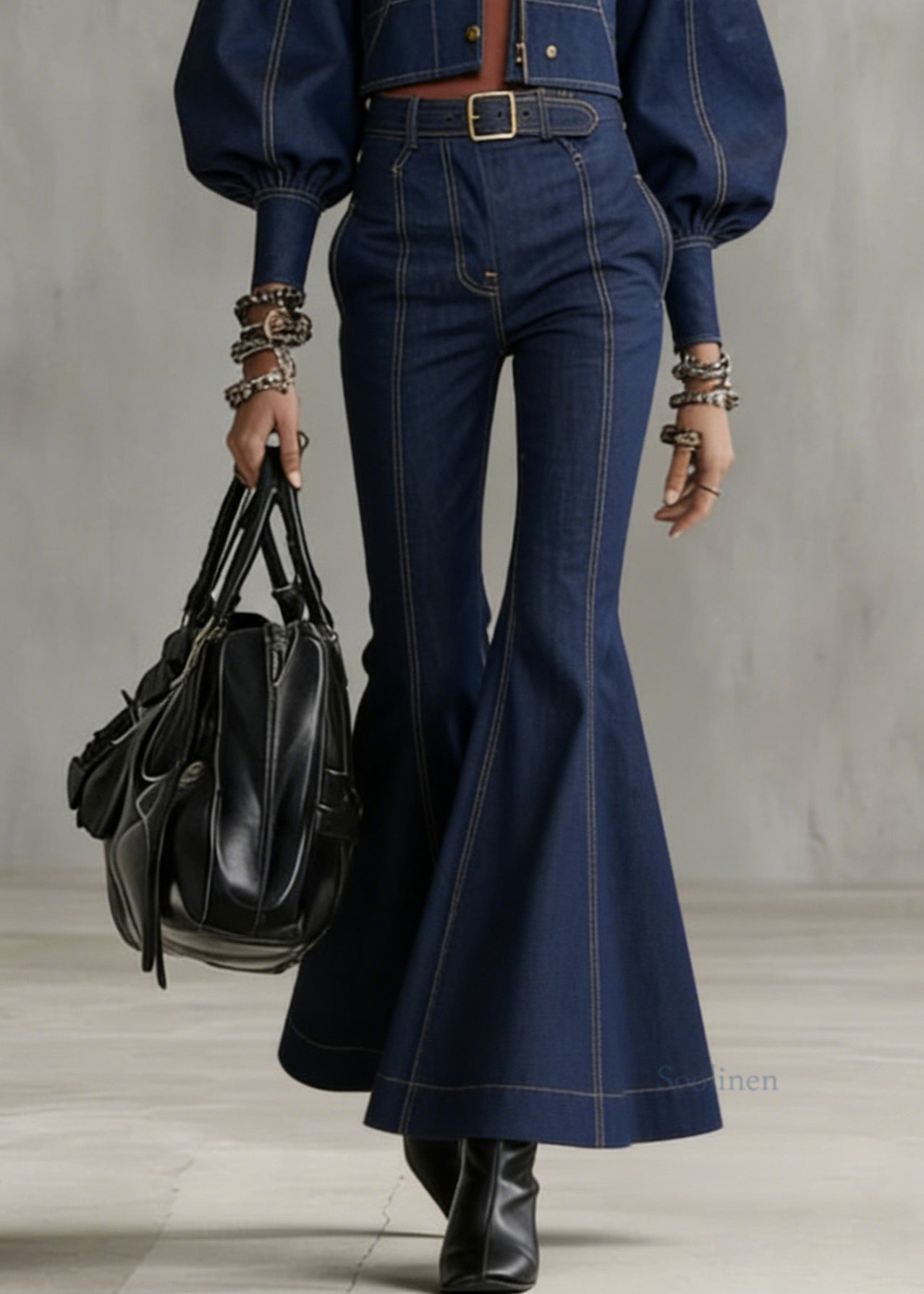Novelty Denim Blue Patchwork Coat and Flared Trousers Two Pieces Set Flare Sleeve