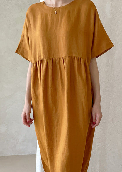 Novelty Ginger O-neck Wrinkled Button Maxi Dresses Short Sleeve