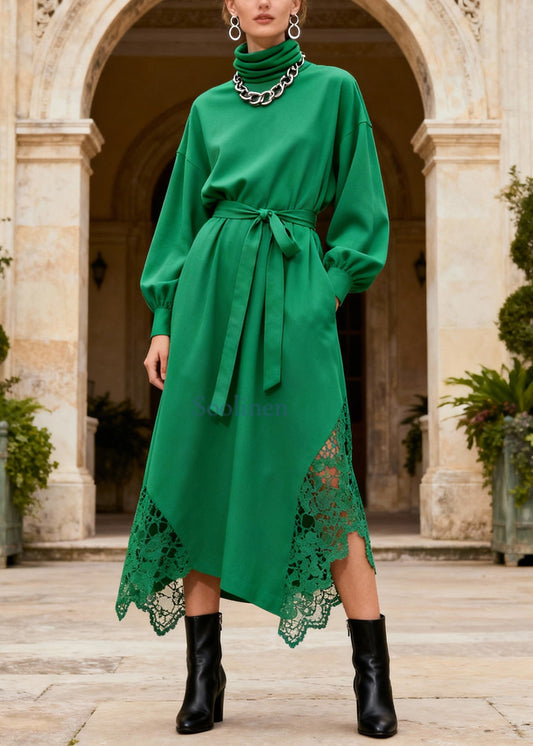 Novelty Green Turtleneck Patchwork Pockets Maxi Dresses Lantern Sleeve