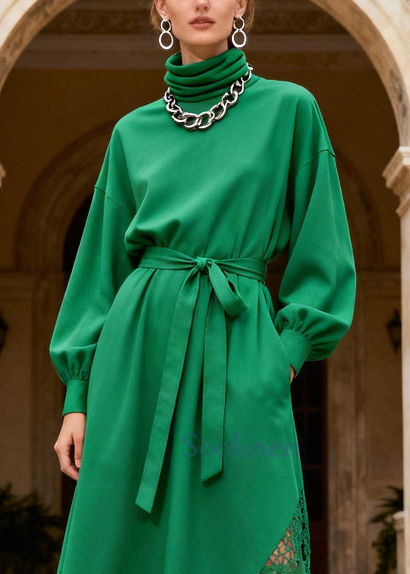 Novelty Green Turtleneck Patchwork Pockets Maxi Dresses Lantern Sleeve