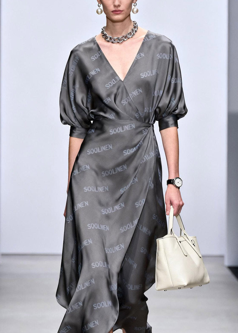 Novelty Grey Asymmetrical Cinched Long Dress Summer