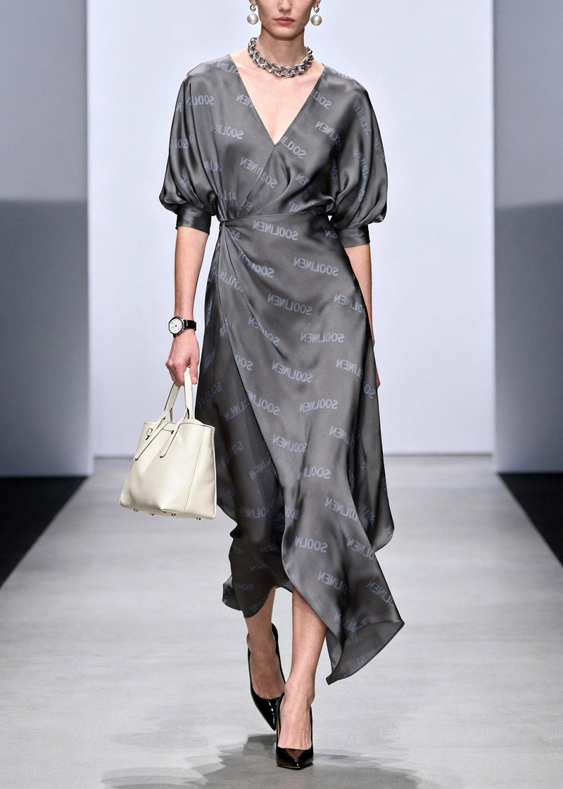 Novelty Grey Asymmetrical Cinched Long Dress Summer