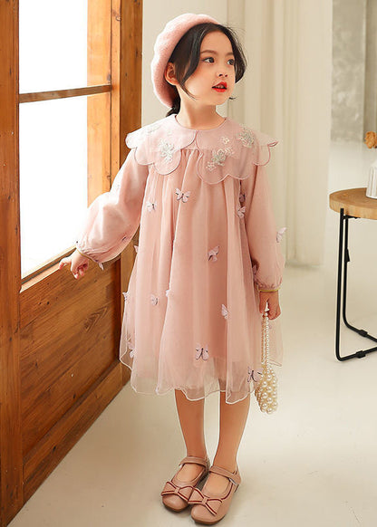 Novelty Grey Butterfly Embroideried Tulle Long Dress Long Sleeve