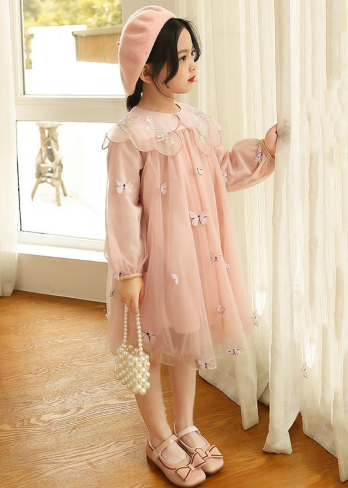 Novelty Grey Butterfly Embroideried Tulle Long Dress Long Sleeve