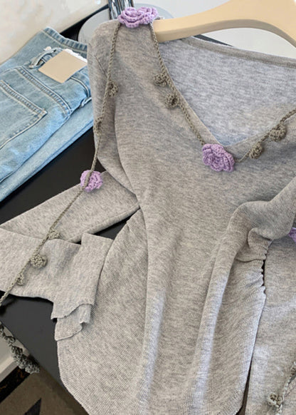 Novelty Grey V Neck Floral Tie Lace Knit Tops Spring