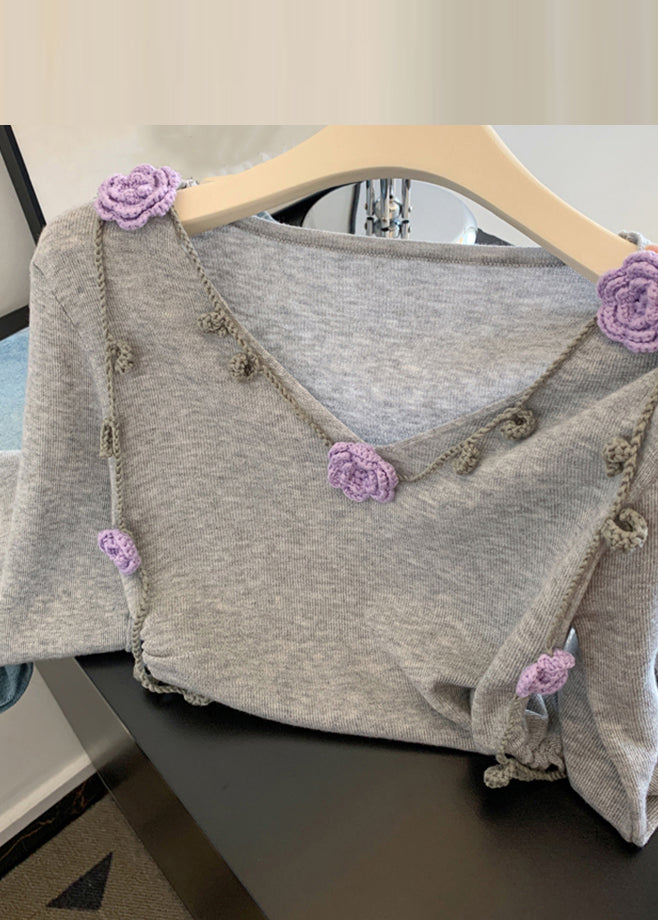 Novelty Grey V Neck Floral Tie Lace Knit Tops Spring