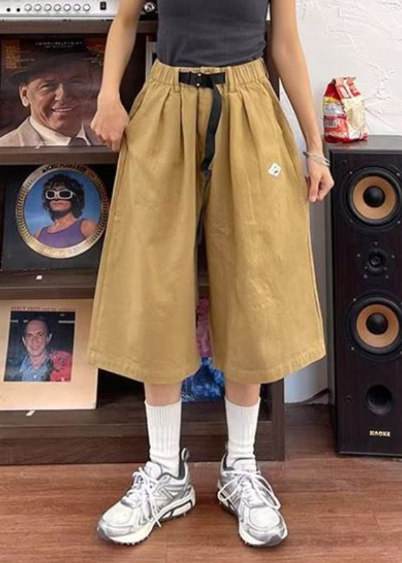 Novelty Khaki Elastic Waist Sashes Wide Leg Pants