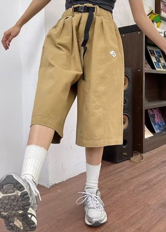 Novelty Khaki Elastic Waist Sashes Wide Leg Pants