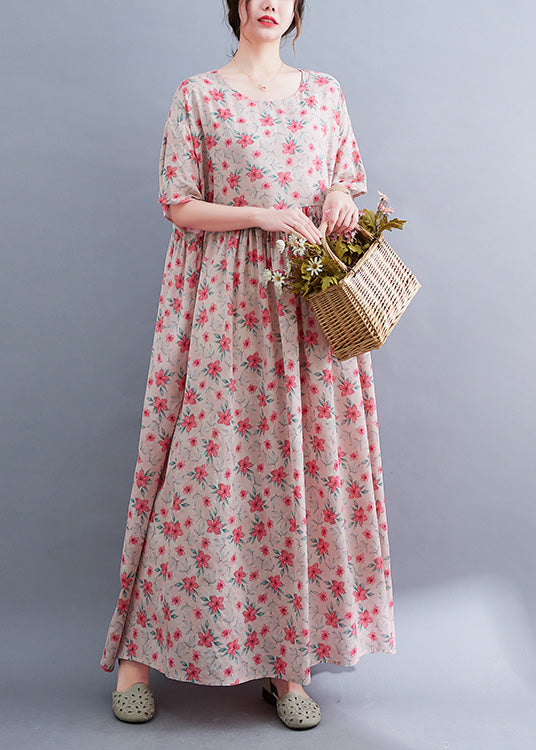 Novelty Pink O-neck Patchwork Print Cotton Maxi Dresses Summer