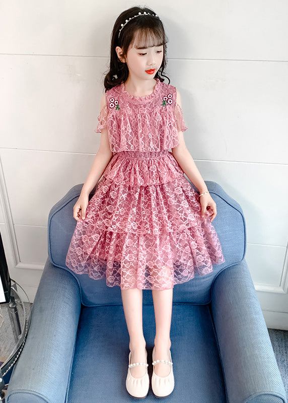 Novelty Pink O-neck Ruffled Patchwork Long Dresses Short Sleeve
