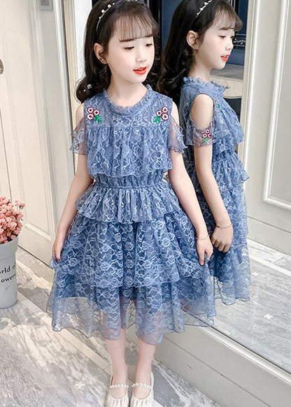 Novelty Pink O-neck Ruffled Patchwork Long Dresses Short Sleeve