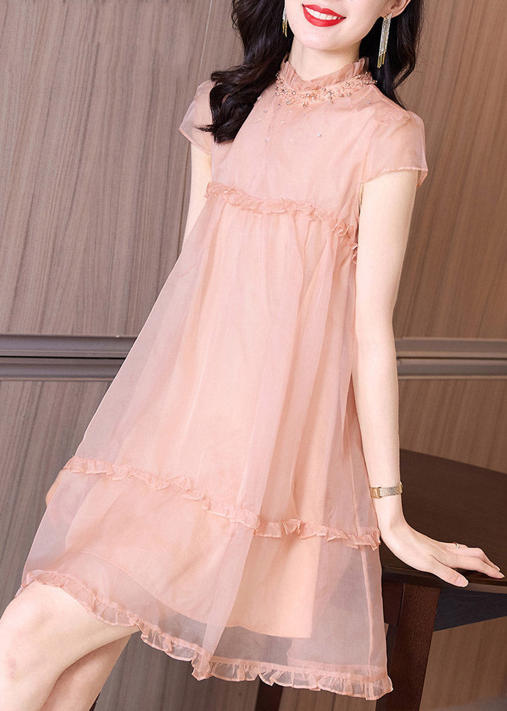 Novelty Pink Ruffled Patchwork Nail Bead Tulle Mid Dress Summer