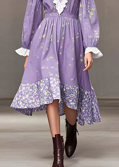 Novelty Purple V Neck Print High Waist Cotton Dresses Fall