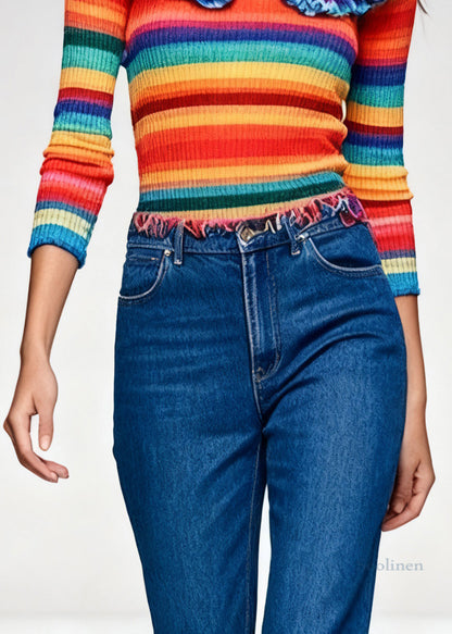 Novelty Rainbow Striped Ruffled Knit Sweaters Spring