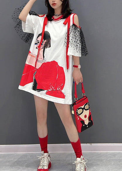 Novelty White O-neck Tulle Patchwork Belle Mid Dress Half Sleeve