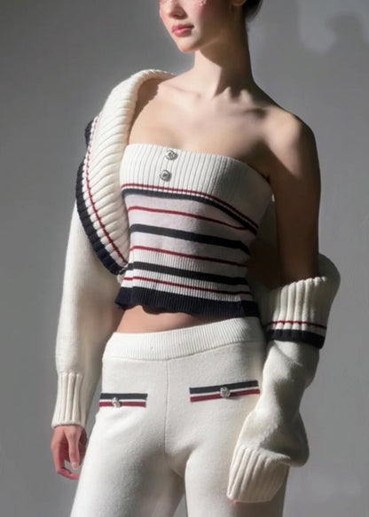 Novelty White Striped Patchwork Cotton Knit Cardigans, Top and Straight Pantstwo Pieces Sets Spring