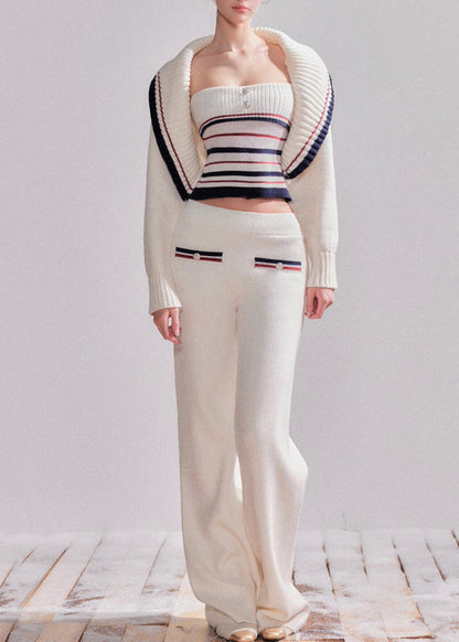 Novelty White Striped Patchwork Cotton Knit Cardigans, Top and Straight Pantstwo Pieces Sets Spring