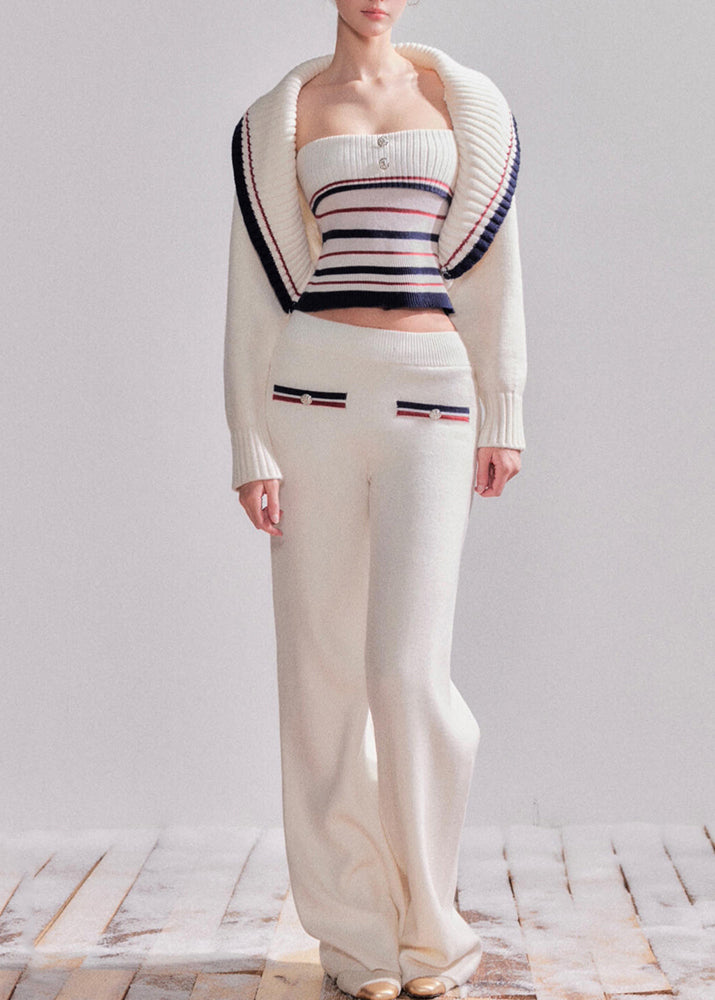 Novelty White Striped Patchwork Cotton Knit Cardigans, Top and Straight Pantstwo Pieces Sets Spring