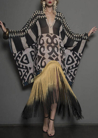 Novelty White V Neck Asymmetrical Print Tassel Patchwork Long Dress Long Sleeve