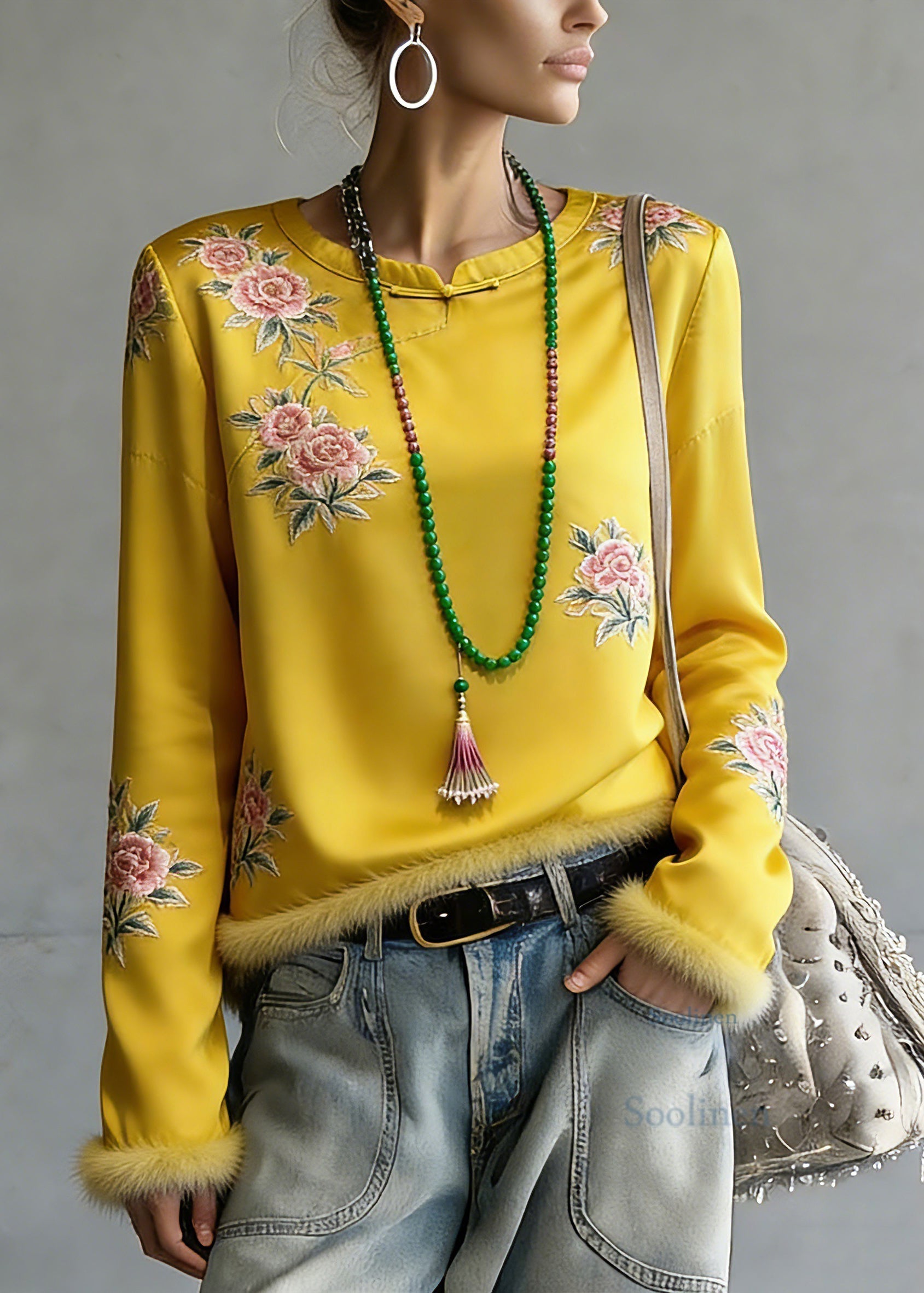 Novelty Yellow Embroidered Patchwork Silk Cotton Tops Spring