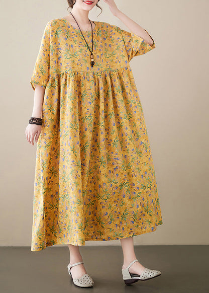 Novelty Yellow O-neck Print Patchwork Cozy Cotton Maxi Dress Summer