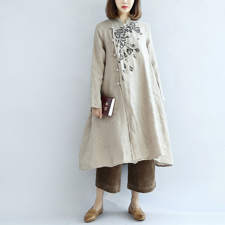 Nude Embroidered Linen Dresses Oversized Caftans Linen Gown Long Dress