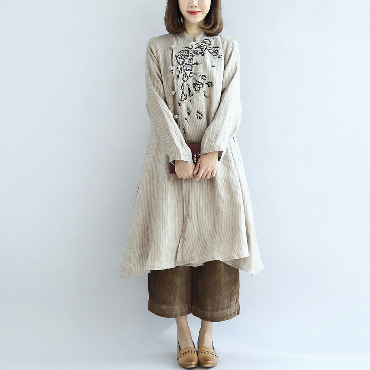 Nude Embroidered Linen Dresses Oversized Caftans Linen Gown Long Dress