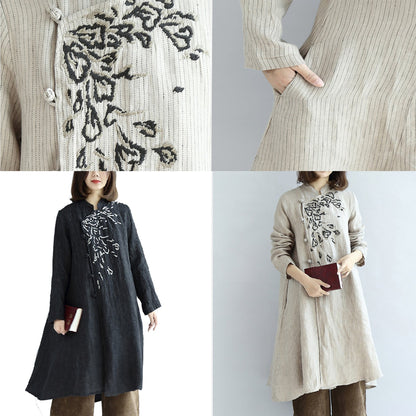 Nude Embroidered Linen Dresses Oversized Caftans Linen Gown Long Dress