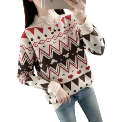 Women's Festive Knit Sweater in Modern Christmas Design with Geometric Pattern and Comfortable Crew Neck