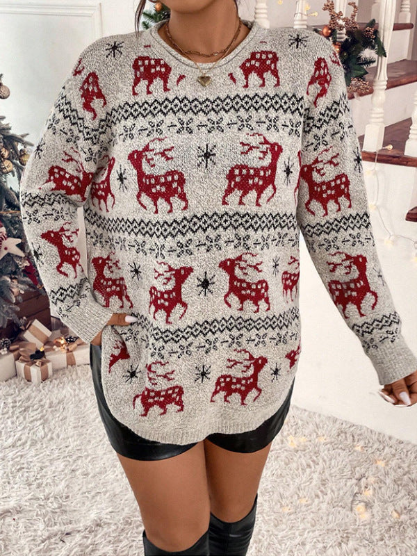 Women's Festive Knit Sweater with Detailed Reindeer Motif and High Collar