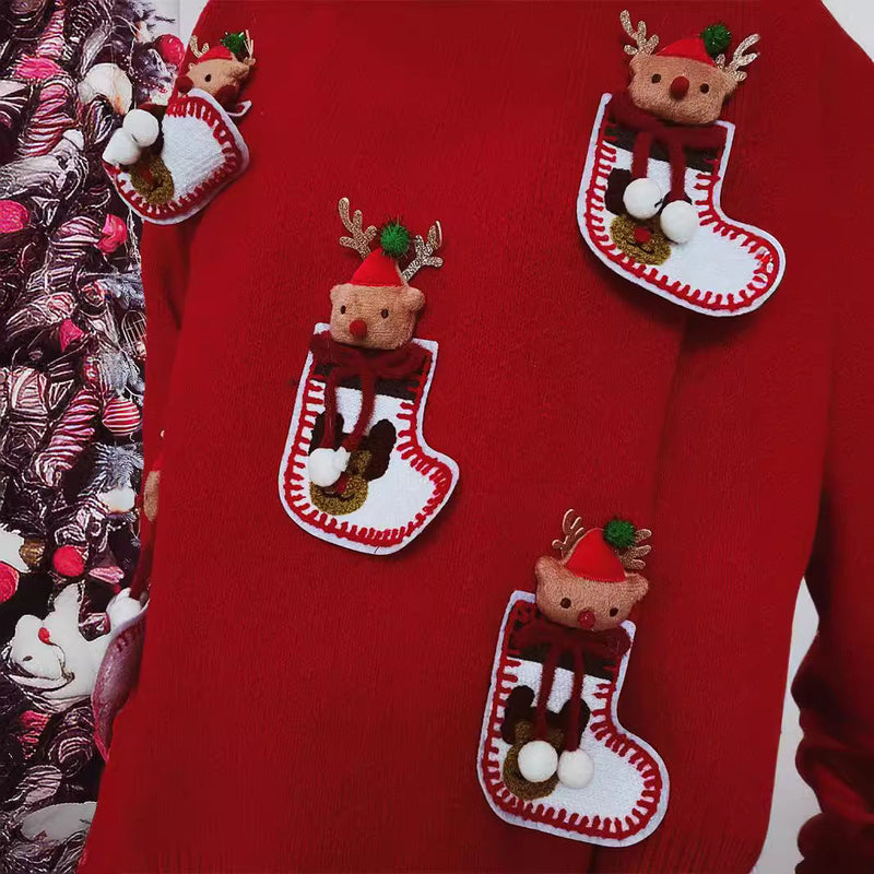 Women's Christmas Knit Sweater with Festive Reindeer Motif and 3D Details