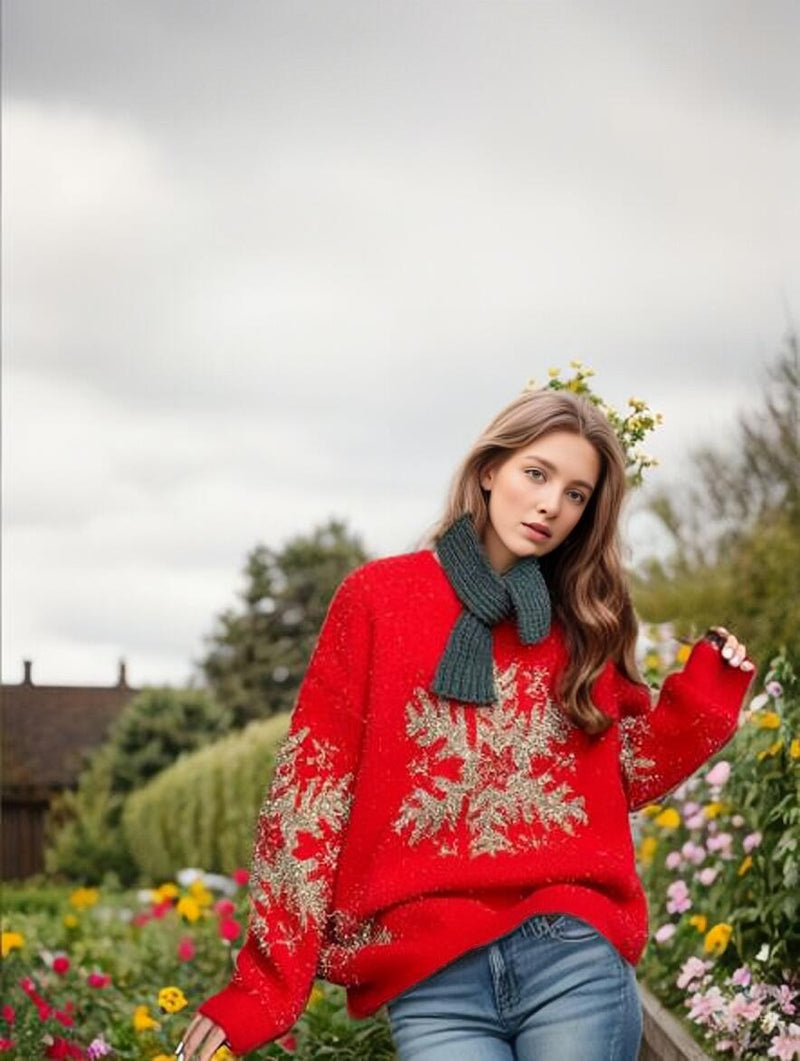 Women's Christmas Sweater with Festive Snowflake Motif and Wide Cut R&B