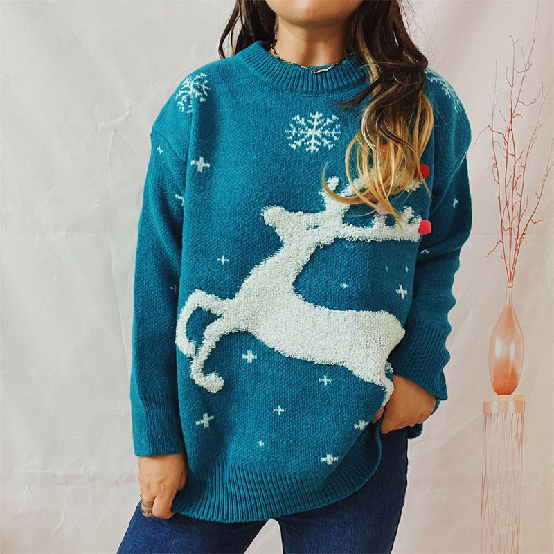 Women's Festive Sweater with Creative Reindeer Motif and Textured Knit R&B