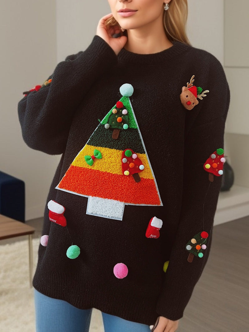 Women's Christmas Sweater with Festive 3D Motif and Decorative Appliqués