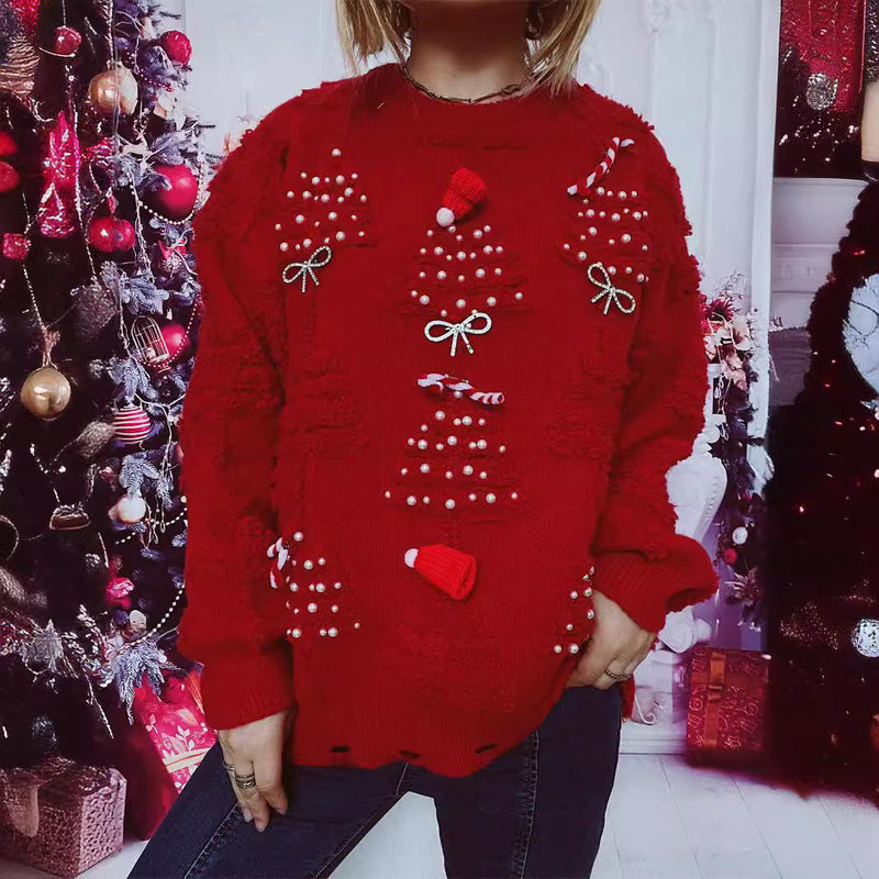 Women's Christmas Sweater with Festive Motif and 3D Appliqués