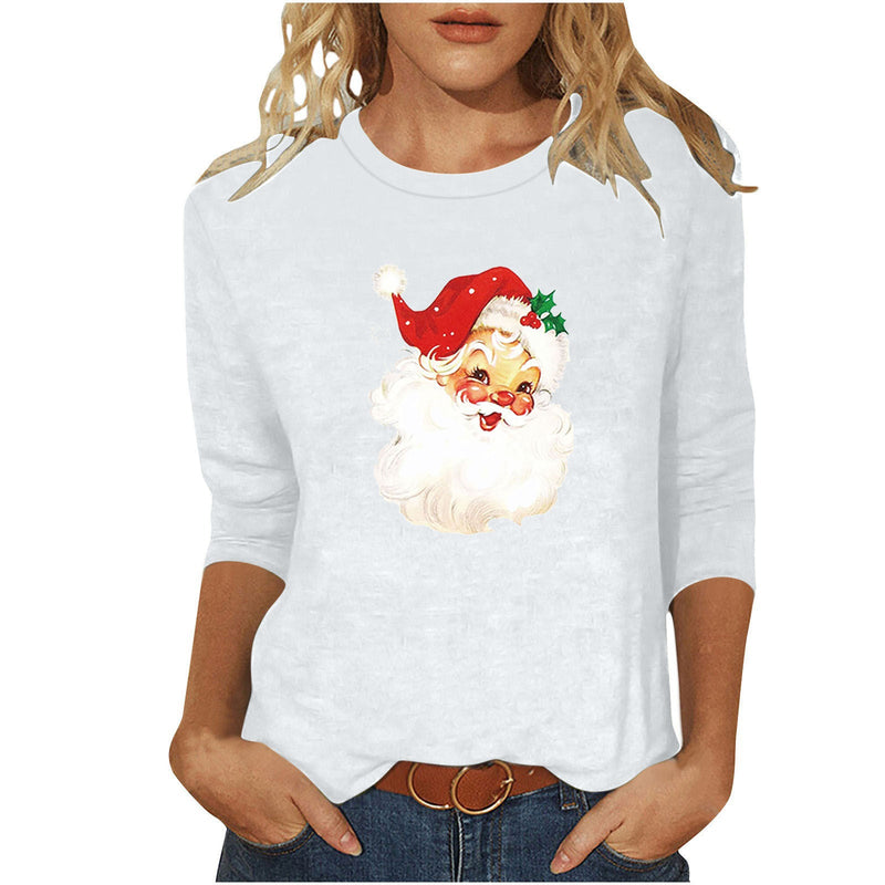 Women's Casual Sweatshirt with Nostalgic Santa Claus Print and Three-Quarter Sleeves