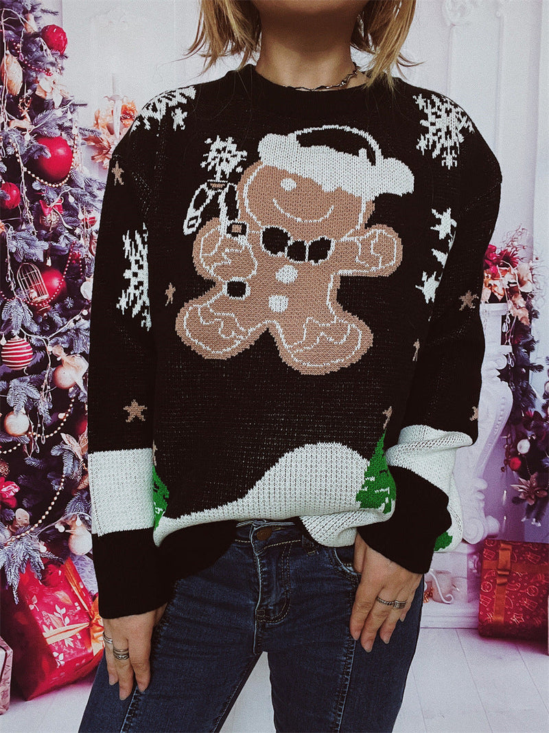 Women's Christmas Sweater with Gingerbread Motif and Crew Neck R&B