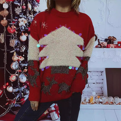 Women's Festive Sweater with Christmas Motif and Glitter Appliqués