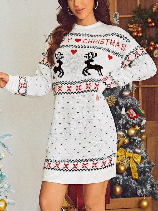 Women's Christmas Knit Dress with Playful Reindeer Design and Elegant Crew Neck