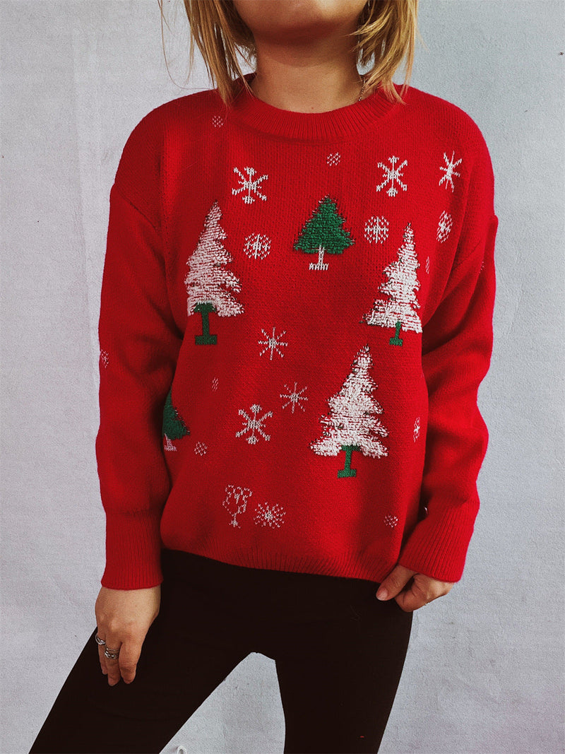 Women's Christmas Sweater with Festive Tree Design and Fluffy Material