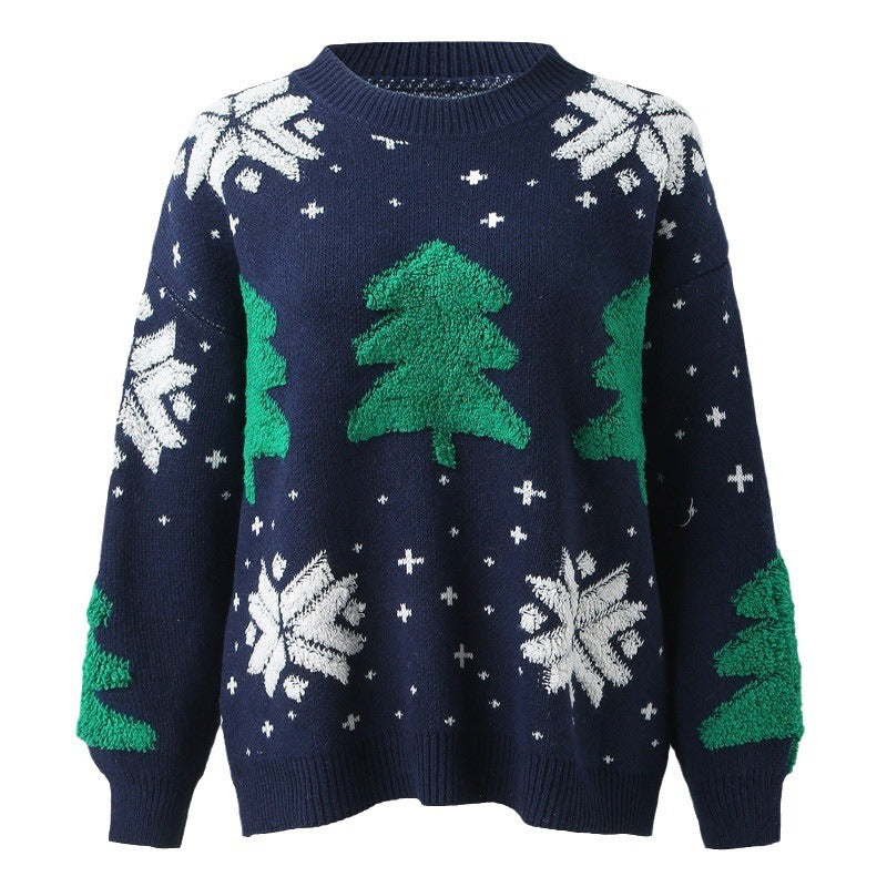 Women's Christmas Sweater with Seasonal Tree Design and Relaxed Fit