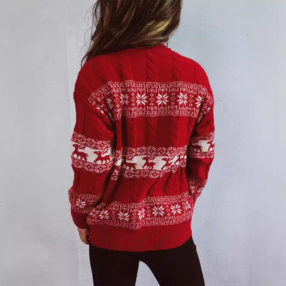 Women's Knit Sweater with Festive Reindeer Motif and Cable Pattern