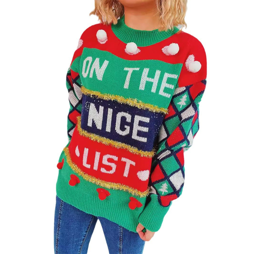 Women's Festive Sweater with Colorful Appliqués and Playful Design R&B
