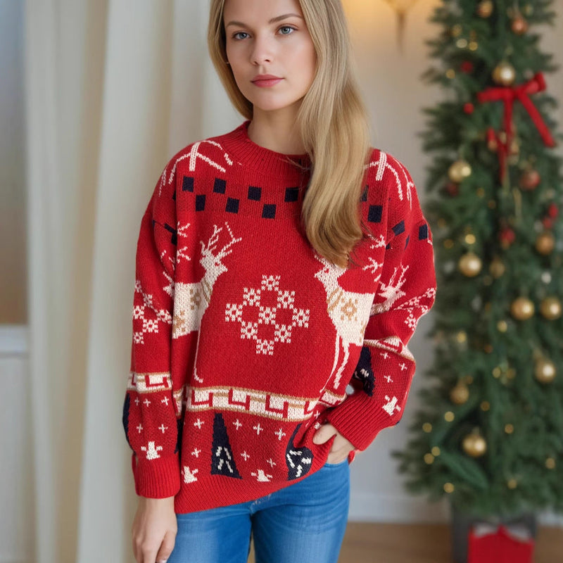 Women's Patterned Christmas Sweater with Festive Reindeer Design and Oversized Cut R&B