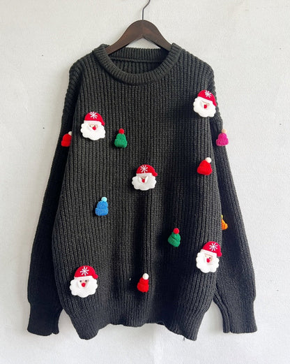 Women's Christmas Sweater with Festive Santa Motif and Textured Knit Quality